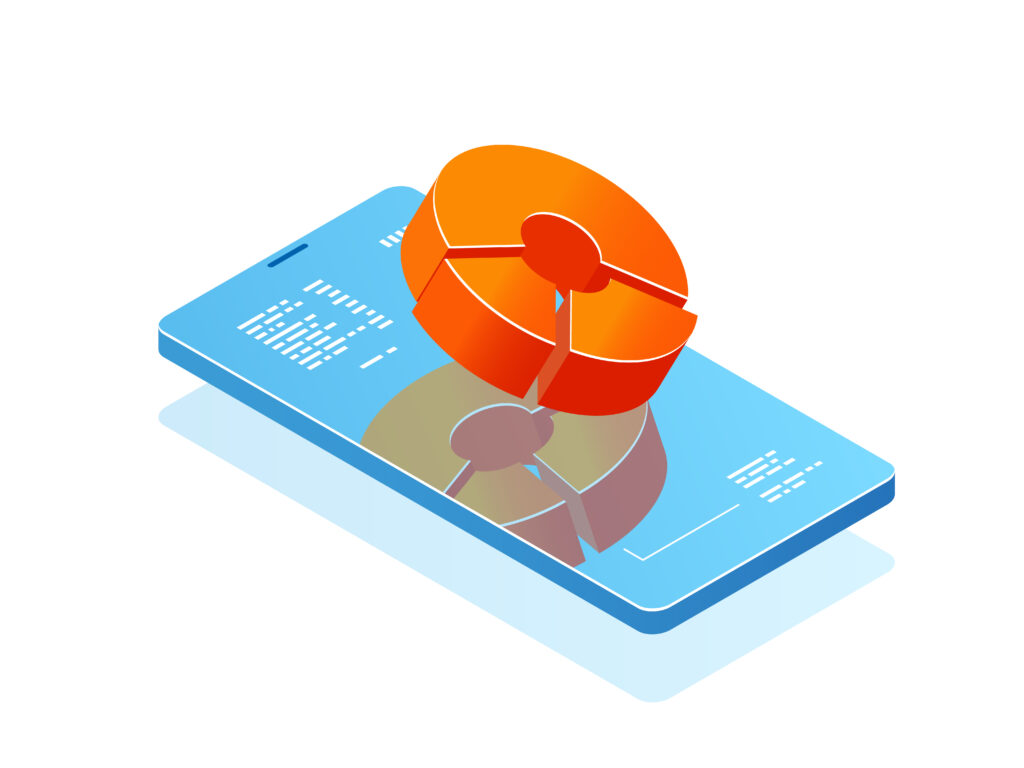 Mobile phone with bar chart on screen, analytics application, banner with smartphone online statistic isometric vector